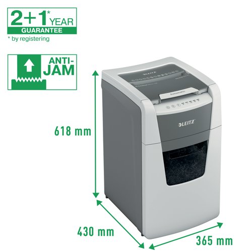 The Leitz IQ Autofeed is a fully automatic paper shredder with unique clean emptying feature. So intelligent it quietly works on its own, just insert your stack of papers (including staples and paper clips), close the lid and get on with your day. Ideal for office use. Confidential security and excellent performance with this anti jam, quiet and long running (30 min) autofeed shredder. The Leitz IQ Autofeed automatically shreds 150 sheets of A4 into security P-4 (4x30mm) cross cut pieces in one go into the generous 44L bin. Simple operation using touch controls. 25 GBP / 25 Euros Cashback Claim at leitzcashback.eu.