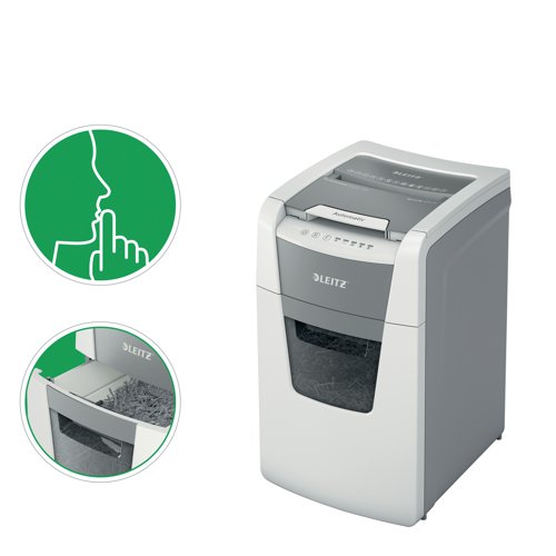 The Leitz IQ Autofeed is a fully automatic paper shredder with unique clean emptying feature. So intelligent it quietly works on its own, just insert your stack of papers (including staples and paper clips), close the lid and get on with your day. Ideal for office use. Confidential security and excellent performance with this anti jam, quiet and long running (30 min) autofeed shredder. The Leitz IQ Autofeed automatically shreds 150 sheets of A4 into security P-4 (4x30mm) cross cut pieces in one go into the generous 44L bin. Simple operation using touch controls. 25 GBP / 25 Euros Cashback Claim at leitzcashback.eu.