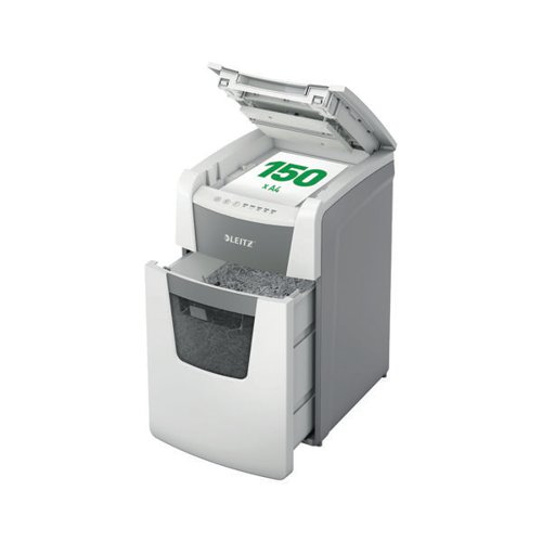 Fully automatic paper shredder from Leitz with unique clean emptying feature. So intelligent it quietly works on its own, just insert your stack of papers (including staples and paper clips), close the lid and get on with your day. Ideal for office use. Higher security and excellent performance with this anti jam, quiet and long running (30 minute) autofeed shredder. Automatically shred 150 sheets of A4 into security P-5 (2x15mm) micro-cut pieces in one go into the generous 44L bin. Simple operation using touch controls.