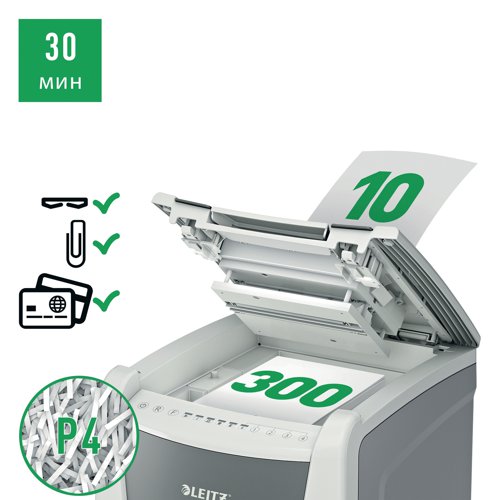 Fully automatic paper shredder from Leitz with unique clean emptying feature. So intelligent it quietly works on its own, just insert your stack of papers (including staples and paper clips), close the lid and get on with your day. Ideal for office use. Confidential security and excellent performance with this anti jam, quiet and long running (60 minute) autofeed shredder. Automatically shred 300 sheets of A4 into security P-4 (4x30mm) cross-cut pieces in one go into the generous 60L bin. Simple operation using touch controls.