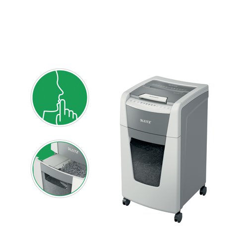 Fully automatic paper shredder from Leitz with unique clean emptying feature. So intelligent it quietly works on its own, just insert your stack of papers (including staples and paper clips), close the lid and get on with your day. Ideal for office use. Confidential security and excellent performance with this anti jam, quiet and long running (60 minute) autofeed shredder. Automatically shred 300 sheets of A4 into security P-4 (4x30mm) cross-cut pieces in one go into the generous 60L bin. Simple operation using touch controls.