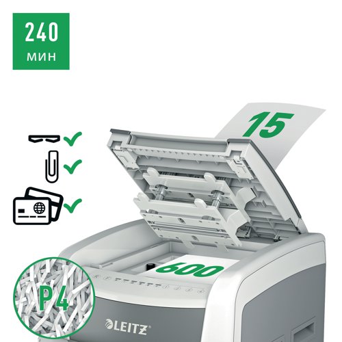 Fully automatic paper shredder from Leitz with unique clean emptying feature. So intelligent it quietly works on its own, just insert your stack of papers (including staples and paper clips), close the lid and get on with your day. Ideal for daily office use. Confidential security and excellent performance with this anti jam, quiet and top of the class long running (240 minute) autofeed shredder. Automatically shred 600 sheets of A4 into security P-4 (4x28mm) cross-cut pieces in one go into the large 110L bin. Simple operation using touch controls.