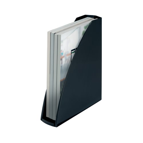 Eye-catching, premium quality Magazine File made from 98% post consumer recycled plastic suitable for A4 sized papers. Climate neutral, 100% recyclable and with Blue Angel environmental certification, this robust file holder perfectly complements other products from the Leitz Recycle range and is made to last.