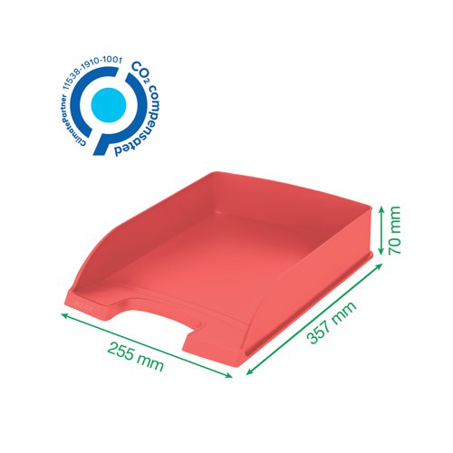 Perfect for desktop filing and organisation, this red Leitz letter tray is made from a minimum of 90% recycled materials and is Blue Angel certified, making it the ideal choice for those wanting maximum sustainability within their office supplies. The high quality and long lasting, Leitz Recycle range is a winner of Reddot Design Award 2021 for the impressive environmental focus at the root of the design. Supplied in red, this A4 letter tray measures W255 x D357 x H70mm.