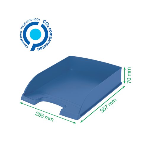 Perfect for desktop filing and organisation, this blue Leitz letter tray is made from a minimum of 90% recycled materials and is Blue Angel certified, making it the ideal choice for those wanting maximum sustainability within their office supplies. The high quality and long lasting, Leitz Recycle range is a winner of bluedot Design Award 2021 for the impressive environmental focus at the root of the design. Supplied in blue, this A4 letter tray measures W255 x D357 x H70mm.