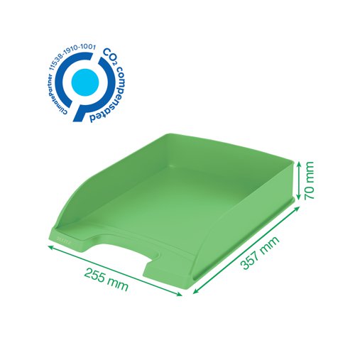 Perfect for desktop filing and organisation, this green Leitz letter tray is made from a minimum of 90% recycled materials and is Blue Angel certified, making it the ideal choice for those wanting maximum sustainability within their office supplies. The high quality and long lasting, Leitz Recycle range is a winner of Reddot Design Award 2021 for the impressive environmental focus at the root of the design. Supplied in red, this A4 letter tray measures W255 x D357 x H70mm.
