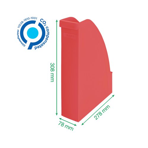 Perfect for the organisation of A4 documents, folders and magazines, this red Leitz Recycle magazine file is made from a minimum of 90% recycled materials and is Blue Angel certified, making it the ideal choice for those wanting maximum sustainability within their office supplies. The high quality and long lasting, Leitz Recycle range is a winner of Reddot Design Award 2021 for the impressive environmental focus at the root of the design. Supplied in red, this A4 magazine file measures W78 x D278 x H308mm. Buy any 2 Leitz Recycle products and ACCO will plant 30 trees, log your purchase on www.leitz.com to activate.