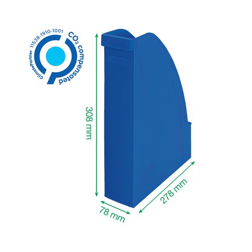 Perfect for the organisation of A4 documents, folders and magazines, this red Leitz Recycle magazine file is made from a minimum of 90% recycled materials and is Blue Angel certified, making it the ideal choice for those wanting maximum sustainability within their office supplies. The high quality and long lasting, Leitz Recycle range is a winner of Reddot Design Award 2021 for the impressive environmental focus at the root of the design. Supplied in blue, this A4 magazine file measures W78 x D278 x H308mm. Buy any 2 Leitz Recycle products and ACCO will plant 30 trees, log your purchase on www.leitz.com to activate.