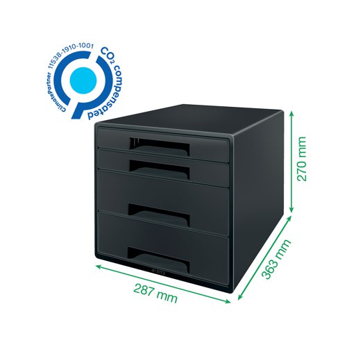 Perfect for the organisation of both small desktop accessories and A4+ documents and folders, this black Leitz Recycle 4-drawer cabinet is made from a minimum of 90% recycled materials and is Blue Angel certified, making it the ideal choice for those wanting maximum sustainability within their office supplies. The high quality and long lasting, Leitz Recycle range is a winner of Reddot Design Award 2021 for the impressive environmental focus at the root of the design. Supplied in black, this cabinet measures W287 x D363 x H270mm.