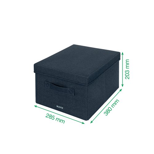 Make yourself at home wherever your day takes you with the fabric storage range from Leitz. With its minimalist design and matt grey velvet finish, you can stay organised while adding style to your home and workspace. Leitz fabric storage boxes with lids are ideal keeping the home and office tidy. Made from an overall 57% recycled content, the soft material is reinforced with recycled cardboard for strength and durability. When not in use, the foldable boxes are fully collapsible for easy storage. Supplied in a pack of two medium storage boxes.