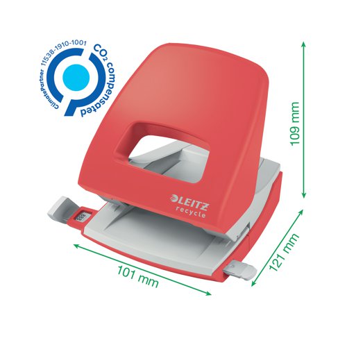 This Leitz Recycle NeXXt hole punch is made from a minimum of 45% recycled materials and is Blue Angel certified, making it the ideal choice for those wanting maximum sustainability within their office supplies. The high quality and long lasting, Leitz Recycle range is a winner of Reddot Design Award 2021 for the impressive environmental focus at the root of the design. Featuring a patented easy, slide-in grip zone and ultra sharp stamps which reduces punching effort. Supplied in red, this medium sized perforator punches up to 30 sheets of 80gsm paper.