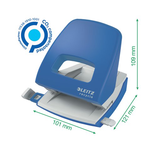 This Leitz Recycle NeXXt hole punch is made from a minimum of 45% recycled materials and is Blue Angel certified, making it the ideal choice for those wanting maximum sustainability within their office supplies. The high quality and long lasting, Leitz Recycle range is a winner of Reddot Design Award 2021 for the impressive environmental focus at the root of the design. Featuring a patented easy, slide-in grip zone and ultra sharp stamps which reduces punching effort. Supplied in blue, this medium sized perforator punches up to 30 sheets of 80gsm paper.
