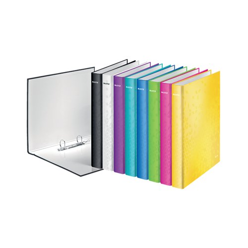 Part of the vibrant WOW range, this Leitz ring binder is made from durable board, covered in bright, glossy paper. The binder features a standard 2 D-ring mechanism with a 25mm capacity for filing up to 230 sheets of A4 80gsm paper. The A4 plus size helps keeps contents protected, with each binder measuring W40 x D275 x H318mm. Ideal for colour coordinated filing, this pack contains 10 bright pink ring binders.