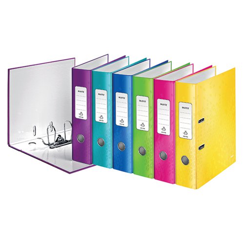 These bright, stylish Leitz WOW lever arch files feature a unique, patented filing mechanism that opens 180 degrees for ease of use. The file has an 80mm capacity for up to 600 sheets of 80gsm paper. The file also features a metal thumb hole for easy retrieval from a shelf and a large spine label for quick identification of contents. Suitable for A4 filing, the file is made from glossy, laminated papaer over board. Ideal for colour coordinated filing, this assorted pack of 10 contains 2 each of metallic pink, metallic bue, metallic green and ice blue, and 1 each of purple and metallic orange.