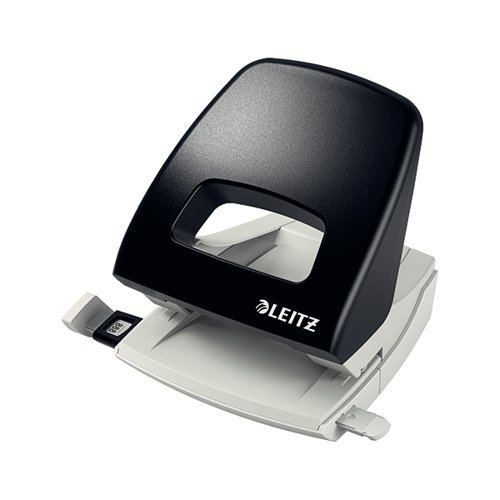 This sturdy metal punch is ideal for everyday use. Designed to be robust and reliable, the Leitz 2 hole punch has a patented easy, slide-in grip zone and ultra sharp stamps which reduces punching effort. Supplied in black, this medium sized perforator punches up to 25 sheets of 80gsm paper.
