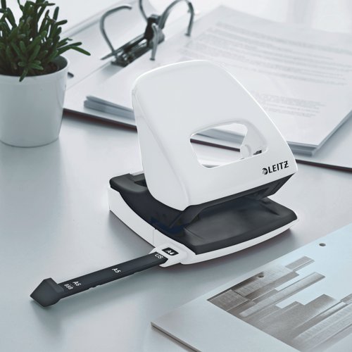 Leitz NeXXt metal punch in striking WOW colours that let your personality shine through. 2 hole punch for everyday use. Robust and reliable with a punching capacity of 30 sheets of 80gsm paper. Patented easy slide-in grip zone and ultra sharp stamps reduce punching effort. Pearl white. Buy any 3 WOW products and claim a free Leitz Cosy Footrest.