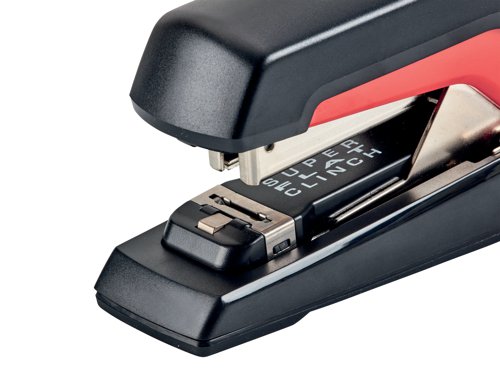 LZ58190 | This revolutionary, high capacity stapler is equipped with patented Omnipress technology to take all the effort out of stapling. Whether used on a desk or in the hand, the stapler can be pressed anywhere for easy and accurate stapling. Featuring flat clinch technology, it reduces paper stacks by 40%, providing more space in binders and letter trays. Designed to staple up to 60 sheets, the stapler is compatible with Rexel Omnipress 60 staples and is supplied in Black/Red.