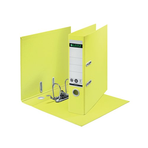 This eye-catching, premium quality Leitz Recycle lever arch file is made from recycled materials which can be disassembled for complete recycling. 80mm wide and suitable for A4. Unique patented mechanism that opens 180 degrees for 50% wider opening and 20% faster filing. The file has an 80mm capacity for up to 600 sheets of 80gsm paper. Climate neutral, 100% recyclable and with Blue Angel environmental certification. This robust lever arch file perfectly complements other products from the Leitz Recycle range and is made to last. Modern and contemporary green stationery that will look great at home and the office. The Leitz eco friendly Recycle range can both improve your office environment and the environment of our planet. 5 year mechanism guarantee. Design and print your own spine label online at www.leitz-easprint.com. This pack contains 10 yellow lever arch files.
