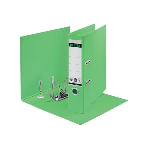 This eye-catching, premium quality Leitz Recycle lever arch file is made from recycled materials which can be disassembled for complete recycling. 80mm wide and suitable for A4. Unique patented mechanism that opens 180 degrees for 50% wider opening and 20% faster filing. The file has an 80mm capacity for up to 600 sheets of 80gsm paper. Climate neutral, 100% recyclable and with Blue Angel environmental certification. This robust lever arch file perfectly complements other products from the Leitz Recycle range and is made to last. Modern and contemporary green stationery that will look great at home and the office. The Leitz eco friendly Recycle range can both improve your office environment and the environment of our planet. 5 year mechanism guarantee. Design and print your own spine label online at www.leitz-easprint.com. This pack contains 10 green lever arch files.