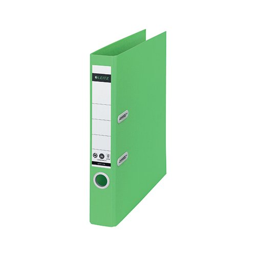 This eye-catching, premium quality Leitz Recycle lever arch file is made from recycled materials which can be disassembled for complete recycling. 50mm wide and suitable for A4. Unique patented mechanism that opens 180 degrees for 50% wider opening and 20% faster filing. The file has an 50mm capacity for up to 350 sheets of 80gsm paper. Climate neutral, 100% recyclable and with Blue Angel environmental certification. This robust lever arch file perfectly complements other products from the Leitz Recycle range and is made to last. Modern and contemporary green stationery that will look great at home and the office. The Leitz eco friendly Recycle range can both improve your office environment and the environment of our planet. 5 year mechanism guarantee. Design and print your own spine label online at www.leitz-easprint.com. This pack contains 10 green lever arch files.