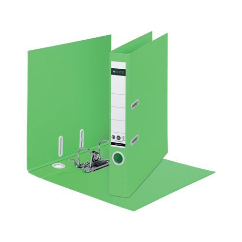 This eye-catching, premium quality Leitz Recycle lever arch file is made from recycled materials which can be disassembled for complete recycling. 50mm wide and suitable for A4. Unique patented mechanism that opens 180 degrees for 50% wider opening and 20% faster filing. The file has an 50mm capacity for up to 350 sheets of 80gsm paper. Climate neutral, 100% recyclable and with Blue Angel environmental certification. This robust lever arch file perfectly complements other products from the Leitz Recycle range and is made to last. Modern and contemporary green stationery that will look great at home and the office. The Leitz eco friendly Recycle range can both improve your office environment and the environment of our planet. 5 year mechanism guarantee. Design and print your own spine label online at www.leitz-easprint.com. This pack contains 10 green lever arch files.