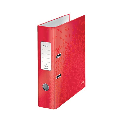 This bright, stylish Leitz WOW lever arch file in vibrant new colour range with dual colour effect. The laminated surface gives the file a glossy, high quality look and feel. Striking and stylish colour with a unique, patented filing mechanism that opens 180 degrees for ease of use. The file has an 80mm capacity for up to 600 sheets of 80gsm paper. Features a metal thumb hole for easy retrieval from a shelf and a large spine label for quick identification of contents. Suitable for A4 filing. Ideal for colour coordinated filing. 5 year mechanism guarantee. This pack contains 10 red lever arch files.