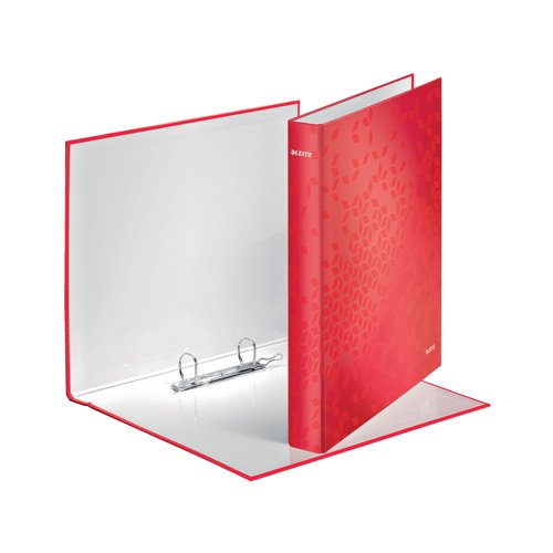 From the vibrant Leitz WOW range, this eye-catching ring binder in vibrant WOW colours with dual colour effect. Glossy, high quality laminated look. The binder features a standard 2 D-ring mechanism with a 25mm capacity for filing up to 230 sheets of A4 80gsm paper. The A4 plus size helps to keep contents protected, with each binder measuring W40 x D275 x H318mm. Ideal for colour coordinated filing. Pack contains 10 red ring binders.