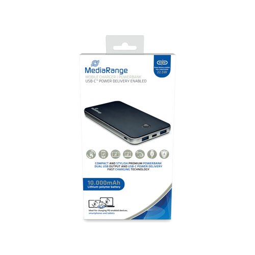 MediaRange Mobile Fast Charger Power Bank 10.000mAh 2x USB-A 1x USB-C Black/Silver MR753 - ME61660