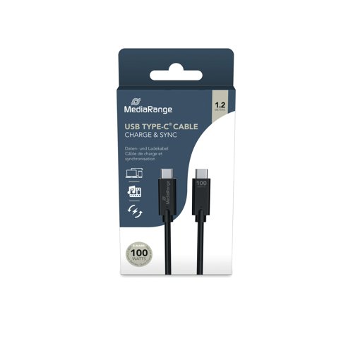 MediaRange USB Type C Cable Charge and Sync USB 3.1 10Gbit 100W Max 1.2m Black MRCS214 External Computer Cables ME87334