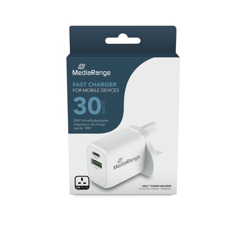 MediaRange wall chargers are ideal for charging smartphones, tablets or other mobile devices via the wall socket. This MediaRange charging adapter has a maximum charging power of 30W. With a total of 1x USB-A and 1x USB-C charging ports, up to two end devices can be connected and charged simultaneously at a single socket. Intelligent and state-of-the-art chipsets permanently control and monitor the charging power and temperature development during the entire charging process. This 30W charging adapter comes in all relevant protective mechanisms, with a shock- and fire-resistant V0 polycarbonate housing, ensuring the highest level of safety.