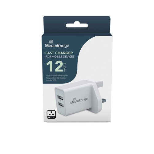 MediaRange Fast Charging Adapter 2x USB-A 12W UK Plug White MRMA114-UK ME87369 Buy online at Office 5Star or contact us Tel 01594 810081 for assistance