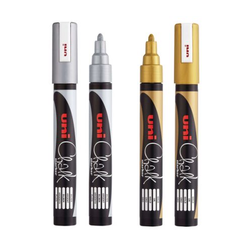 Uni Chalk Marker Medium Bullet Tip PWE-5M Line Width 1.8-2.5mm Gold And Silver 153544889 [Wallet 4]