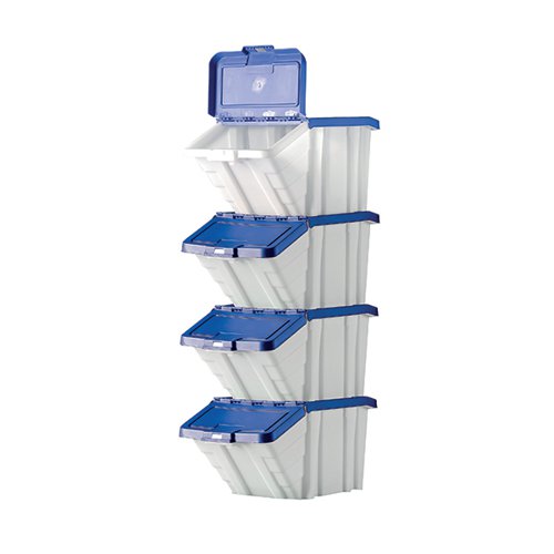 MJ07674 | These multifunctional storage bins with blue lids are ideal for separating items and colour coding them. The hinged lids are removable, and the boxes can be stacked with or without the lids. Made of polypropylene, each container has a 50-litre capacity.