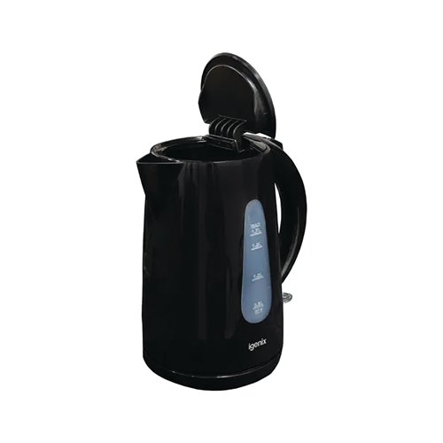 This Igenix black 3kW jug kettle has a 1.7 litre capacity and convenient cordless design for ease of use. The rapid boil kettle features a large water level window for quick identification and a blue LED power light.
