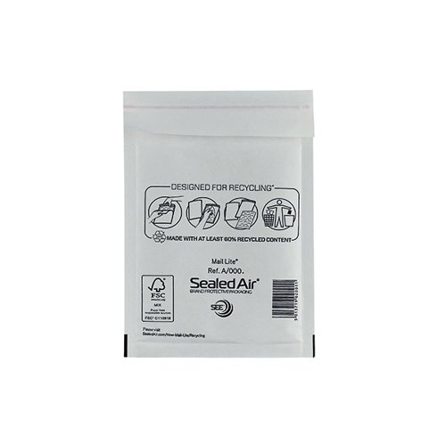 Mail Lite Bubble Lined Postal Bag Size A/000 110x160mm White (Pack of 100) MLW A/000 - MQ02001