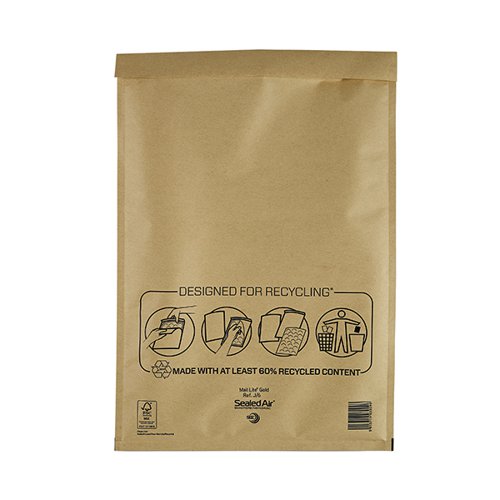 These lightweight Mail Lite postal bags feature an AirCap bubble lining (made from 60% recycled content) for high performance protection for delicate and fragile items in transit. The mailers also feature a tough non-coated Kraft outer (which can be recycled) and strong self-seal closure. These size J/6 bags measure 300 x 440mm and are supplied in a pack of 50 in Gold.