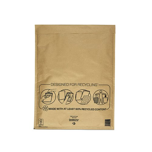These lightweight Mail Lite postal bags feature an AirCap bubble lining (made from 60% recycled content) for high performance protection for delicate and fragile items in transit. The mailers also feature a tough non-coated Kraft outer (which can be recycled) and strong self-seal closure. These size K/7 bags measure 350 x 470mm and are supplied in a pack of 50 in Gold.