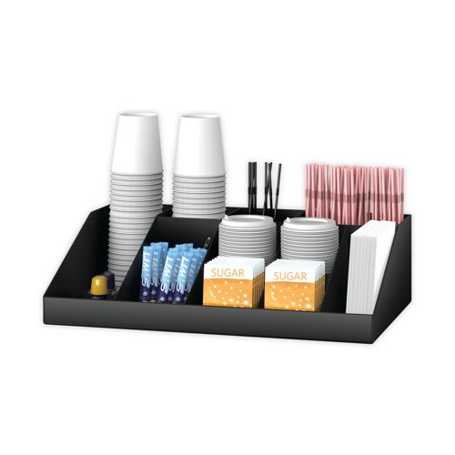 MYC04099 | This organiser will hold all your serving essentials including sugar, cups, stirrers, napkins, creams and even coffee pods. Holding up to 64 drinking cups, the organizer measures 462 x 167 x 245mm and features rubber grippers to keep it in place.