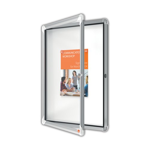Magnetic lockable notice board with a hinged glass door and side lock. Complete with a modern stylish aluminum trim and fixed with a through corner wall mounting. Excellent magnetic notice board surface to securely display your notices. Size: 4xA4 sheets.