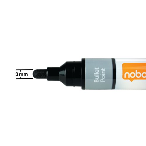These Nobo Liquid Ink Dry Wipe Markers write cleanly and smoothly on whiteboards, flip pads and OHP film. The top quality nib uses a pump-action spring to prime the ink ready for immediate use and a clear window in the barrel lets you see straight into the ink reservoir to check at a glance how much ink is left. A standard 3mm bullet tip and liquid ink ensures a clear, smooth-flowing line that is easy to read even from across the room. This pack contains 6 markers in assorted colours, including black, red, blue, green, orange and purple.