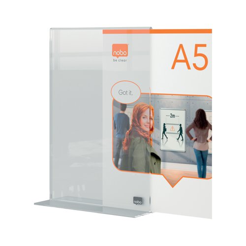 This free-standing, clear, A5 acrylic poster frame with a modern, frameless design has a stylish and contemporary feel. The seamless, acrylic double- sided display frame has an integrated countertop stand and side opening, for quick and simple content change. Featuring a strong acrylic surface for protection of signs, documents or information which can be easily wiped clean. Ideal for the display of temporary or permanent signs with a display area of two A4 documents (back to back).