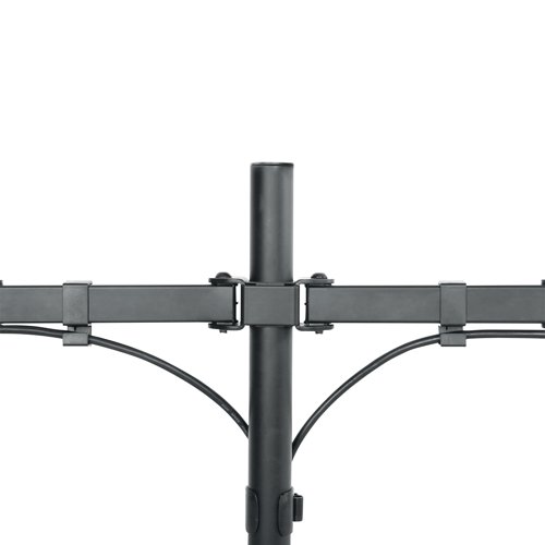This dual desk mount with full motion for 10-32 inch monitor screens features an innovative cable management system. Supporting the weight of two screens up to 8kg, this height adjustable mount features tilt, rotate and swivel technology, allowing most viewing angles. Supplied in black.