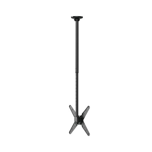 This full motion ceiling mount for flat screens up to 75 inches has unique tilt (10), swivel (360) and rotate technology (6) that allows the mount to change to the best angle for the optimal viewing position. The ceiling mount can be easily adjusted in height it also has a weight capacity of 50kg. It is suitable for screens that meet VESA hole pattern 100x100 to 400x400mm. A nifty cable management systems conceals and routes cables from ceiling to screen. The mount comes with an additional decorative cover for installation on suspended ceilings.
