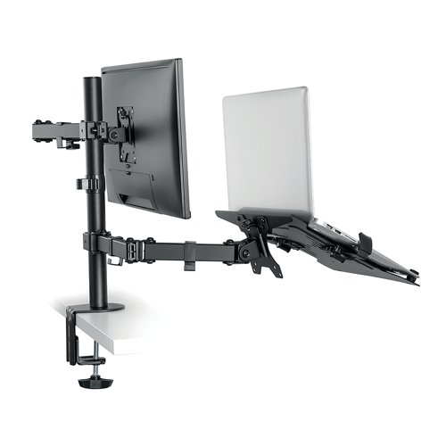NEO44641 | The Neomounts Dual Monitor Arm is a tilt, swivel and rotatable desk mount for flat screens up to 32 inches and notebooks up to 15.6 inches. A great choice for space saving placement on desks using a desk clamp or grommet. The unique tilt (+45 degree/-45 degree), swivel (180 degree) and rotate (360 degree) technology allows the mount to change to any viewing angle to fully benefit from the capabilities of the flat screen. The mount is manually height and depth adjustable. The mount has three pivot points and has a weight capacity of 8kg for the screen and 4.5kg for the notebook. By using an ergonomic mount neck and back complaints can be avoided.