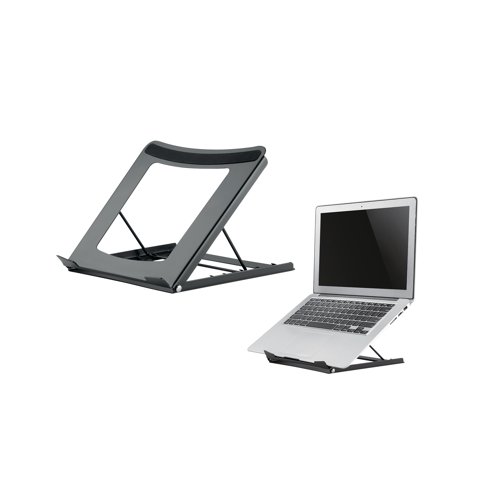 NEO44659 | This laptop stand with a hollowed out design prevents the device from overheating. Supporting the weight of up to 5kg, this universal tablet and notebook stand features five different tilt positions for maximum viewing comfort. Supplied in black.