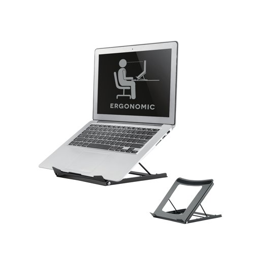 This laptop stand with a hollowed out design prevents the device from overheating. Supporting the weight of up to 5kg, this universal tablet and notebook stand features five different tilt positions for maximum viewing comfort. Supplied in black.