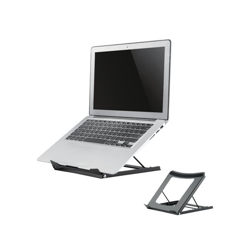 NEO44659 | This laptop stand with a hollowed out design prevents the device from overheating. Supporting the weight of up to 5kg, this universal tablet and notebook stand features five different tilt positions for maximum viewing comfort. Supplied in black.