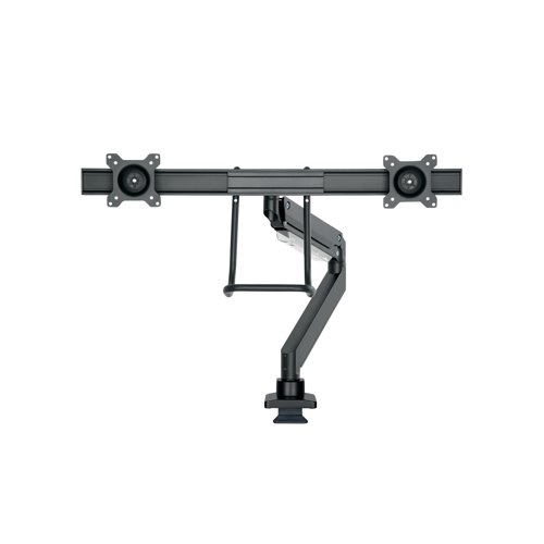 This dual desk mount with full motion for 10-32 inch monitor screens features unique cable management which conceals and routes cables from the mount to the screen. Supporting the weight of two screens up to 8kg each, this gas sprung, height adjustable mount features tilt, rotate and swivel technology, allowing most viewing angles. Supplied in black.