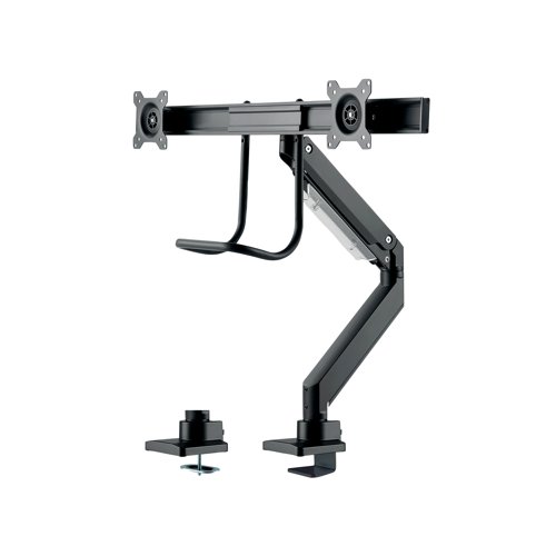 NEO44685 | This dual desk mount with full motion for 10-32 inch monitor screens features unique cable management which conceals and routes cables from the mount to the screen. Supporting the weight of two screens up to 8kg each, this gas sprung, height adjustable mount features tilt, rotate and swivel technology, allowing most viewing angles. Supplied in black.