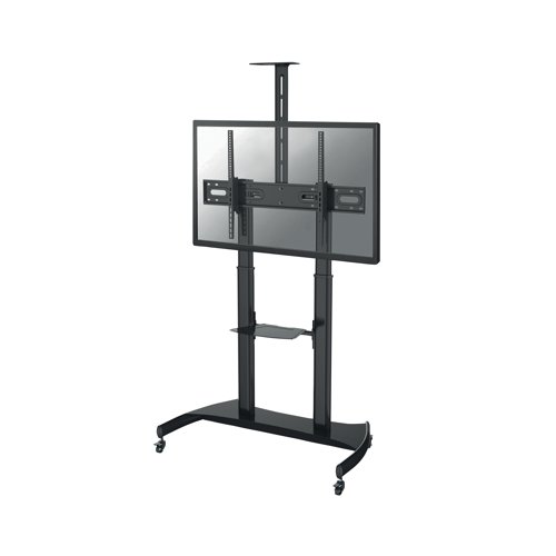 This mobile floor stand with tilt motion technology for up to 100 inch monitor screens features unique cable management; concealing and routing cables from the mount to the screen. Supporting the weight of screens up to 100kg, this height adjustable mount is supplied in black.